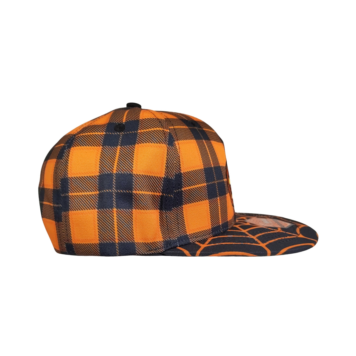 Edycja limitowana na Halloween 2026 – czapka typu snapback w rozmiarze dziecięcym – pomarańczowy wzór w kratę / czarna pajęczyna