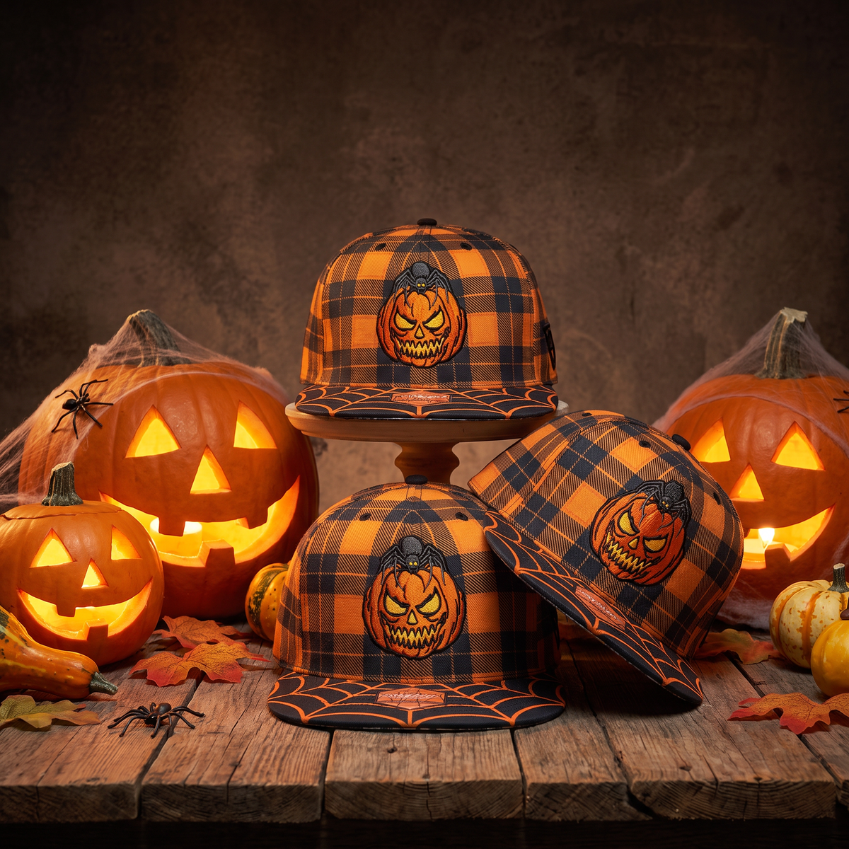 Edycja limitowana na Halloween 2026 – czapka typu snapback w rozmiarze dziecięcym – pomarańczowy wzór w kratę / czarna pajęczyna
