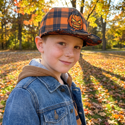 Edycja limitowana na Halloween 2026 – czapka typu snapback w rozmiarze dziecięcym – pomarańczowy wzór w kratę / czarna pajęczyna
