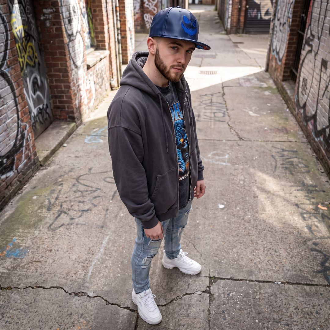 Monster Cave Snapback - Dark Blue Faux Leather