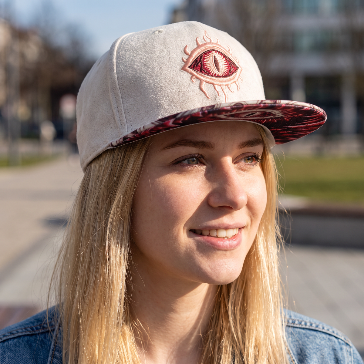 Czapka Monster Vision 2.0 Snapback – kremowo-biały zamsz z motywem oczu