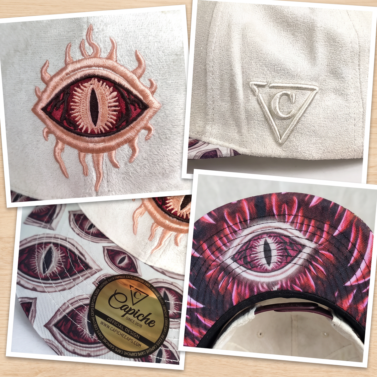 Czapka Monster Vision 2.0 Snapback – kremowo-biały zamsz z motywem oczu