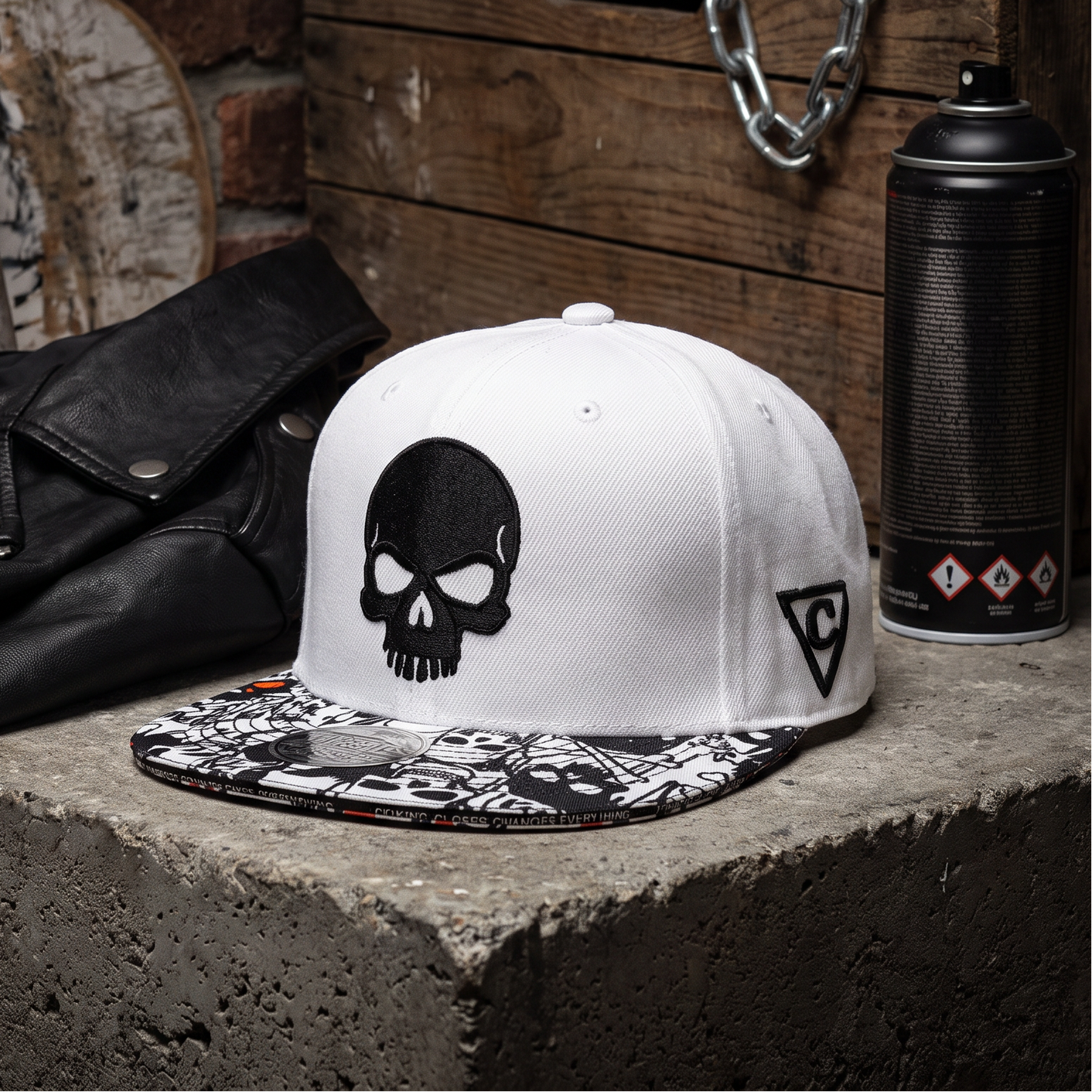 LIMITED EDITION Noir Skull Snapback with Brim Edge Text - White/Black