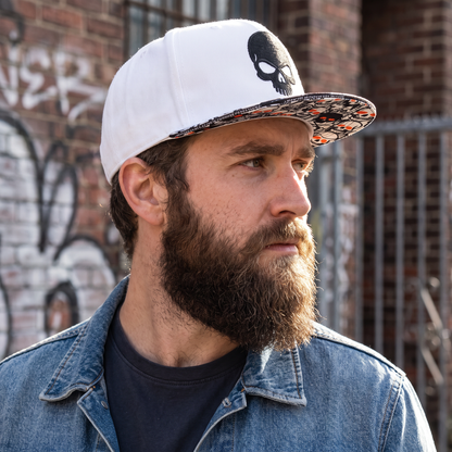 LIMITED EDITION Noir Skull Snapback with Brim Edge Text - White/Black