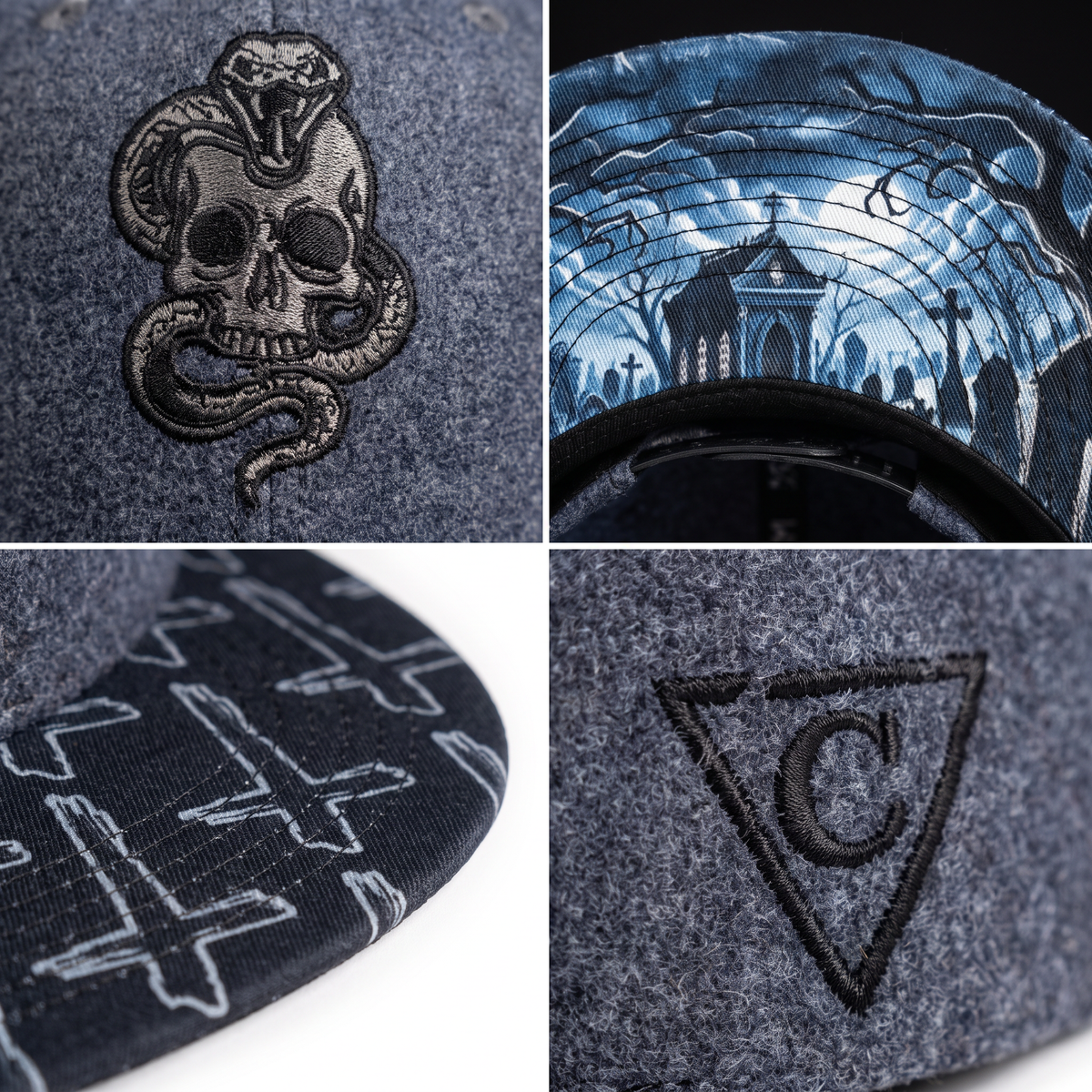 Czapka typu snapback Phantom Grave – szaro-niebieska wełna / wzór krzyżowy