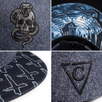 Czapka typu snapback Phantom Grave – szaro-niebieska wełna / wzór krzyżowy