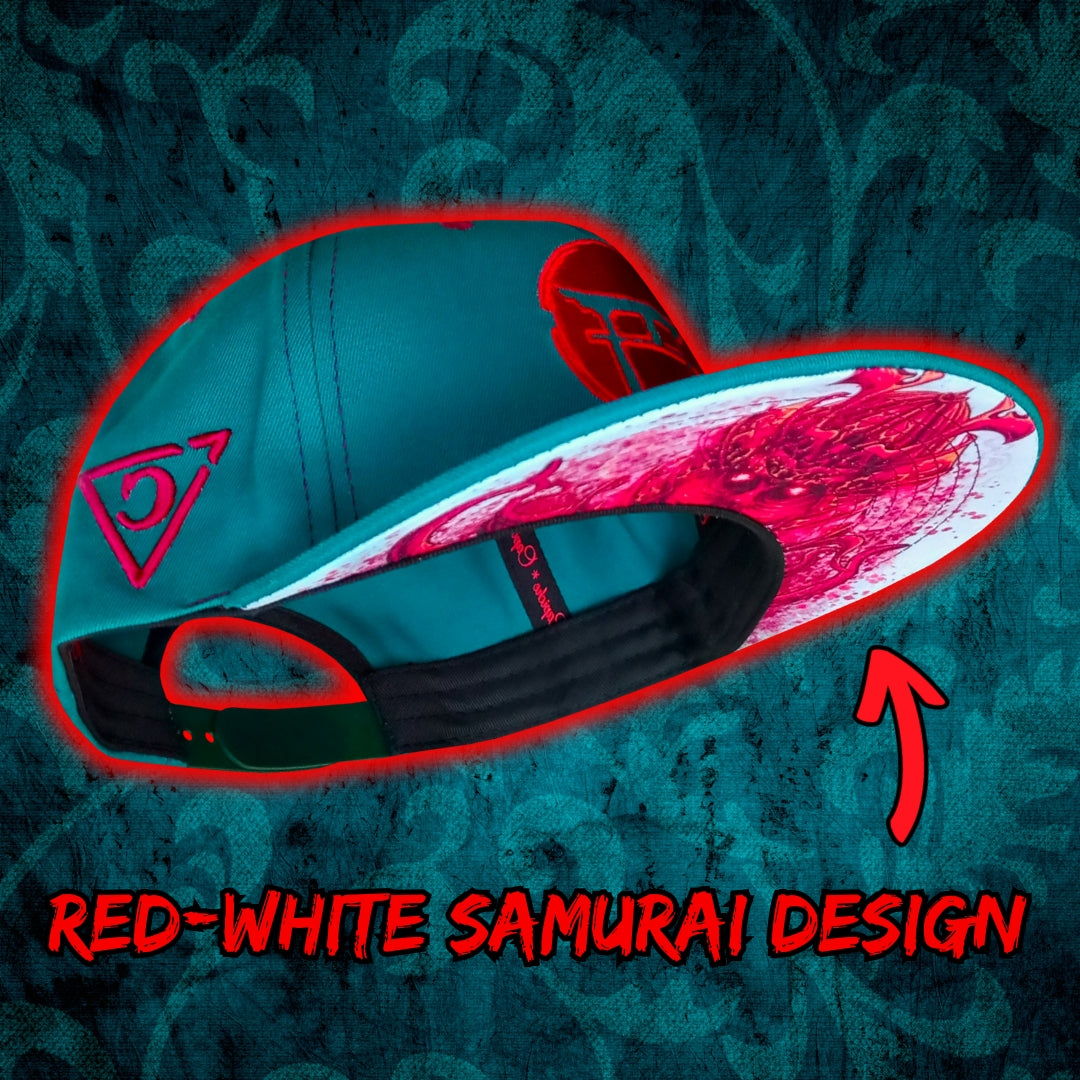 Side View of Red Samurai Green Petrol Snapback Hat from Capiche Caps