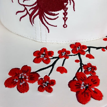 Robot Geisha Snapback - White Artificial Leather/Red Cherry Blossom