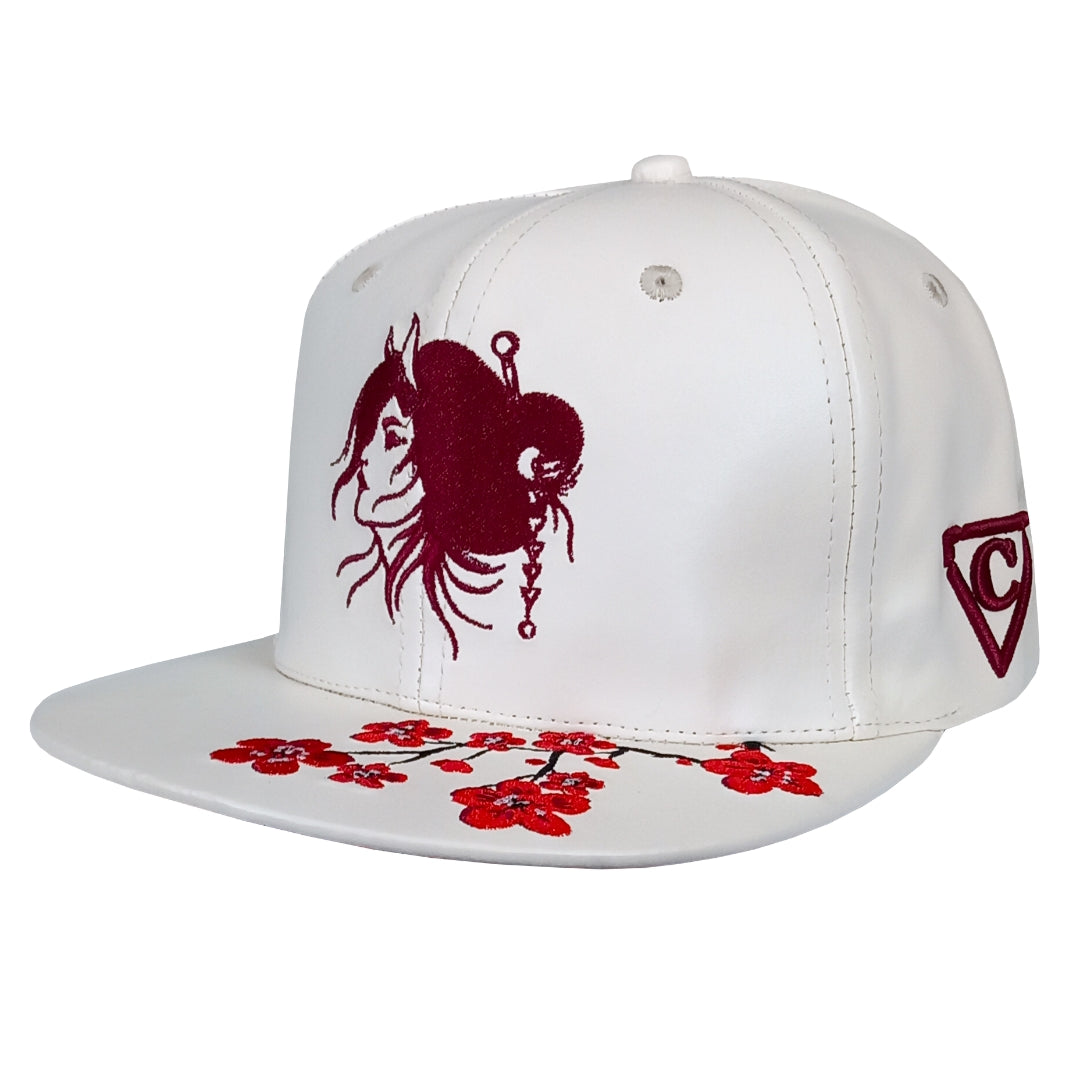 Robot Geisha Snapback - White Artificial Leather/Red Cherry Blossom