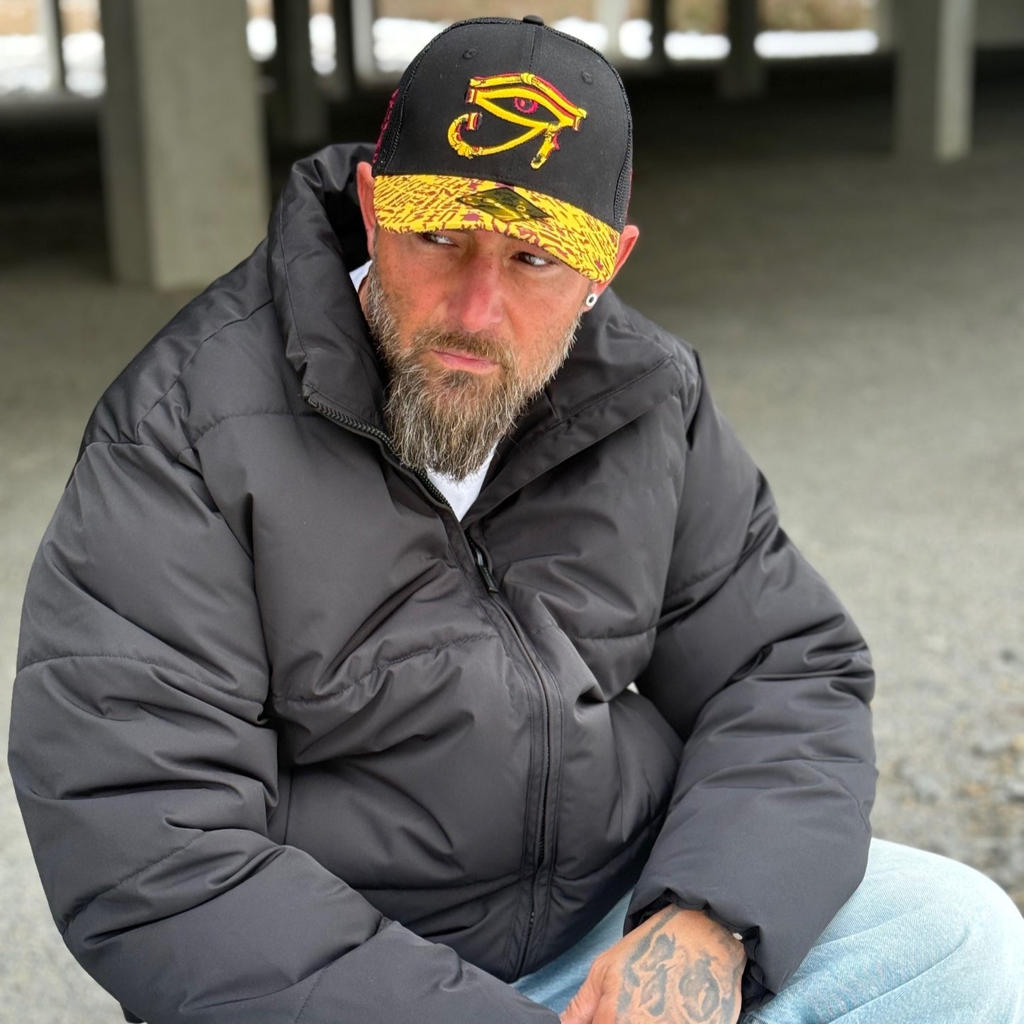 Robot Horus Trucker Cap - Black/Yellow Egyptian Pattern