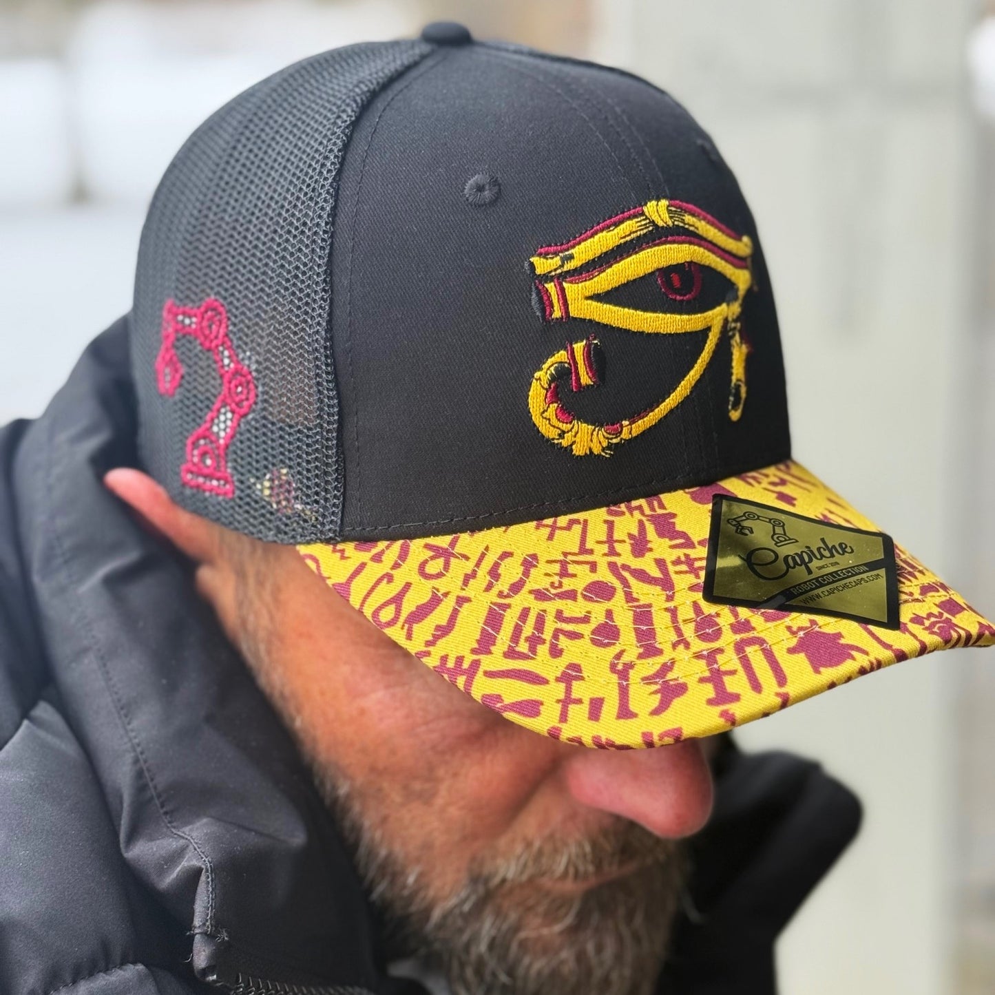 Robot Horus Trucker Cap - Black/Yellow Egyptian Pattern