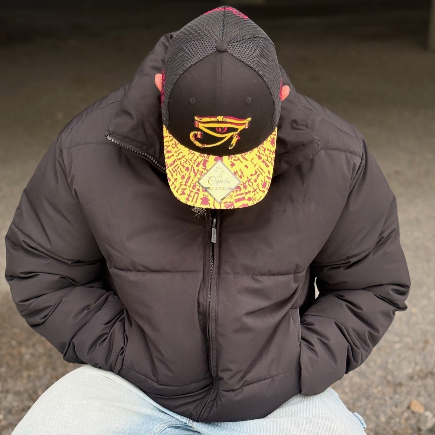 Robot Horus Trucker Cap - Black/Yellow Egyptian Pattern