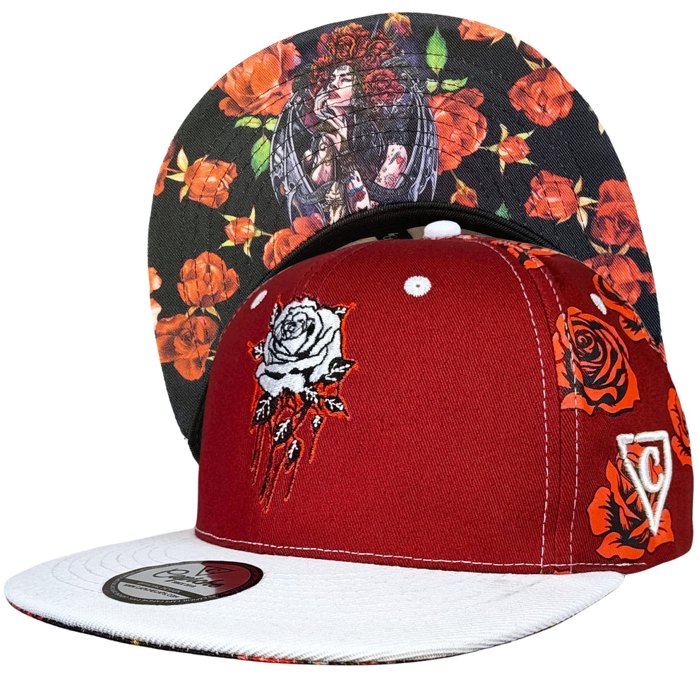 Roses Snapback - Red Rose Print/White | CAPICHE CAPS