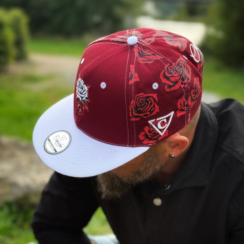 Bud Caps For Roses Roses Snapback - Red Rose Print/White | CAPICHE CAPS