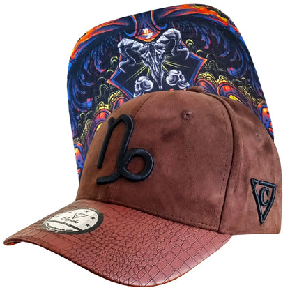 Suede Brown Curved Baseball Cap with Artificial Leather Zodiac Sign Capricorn