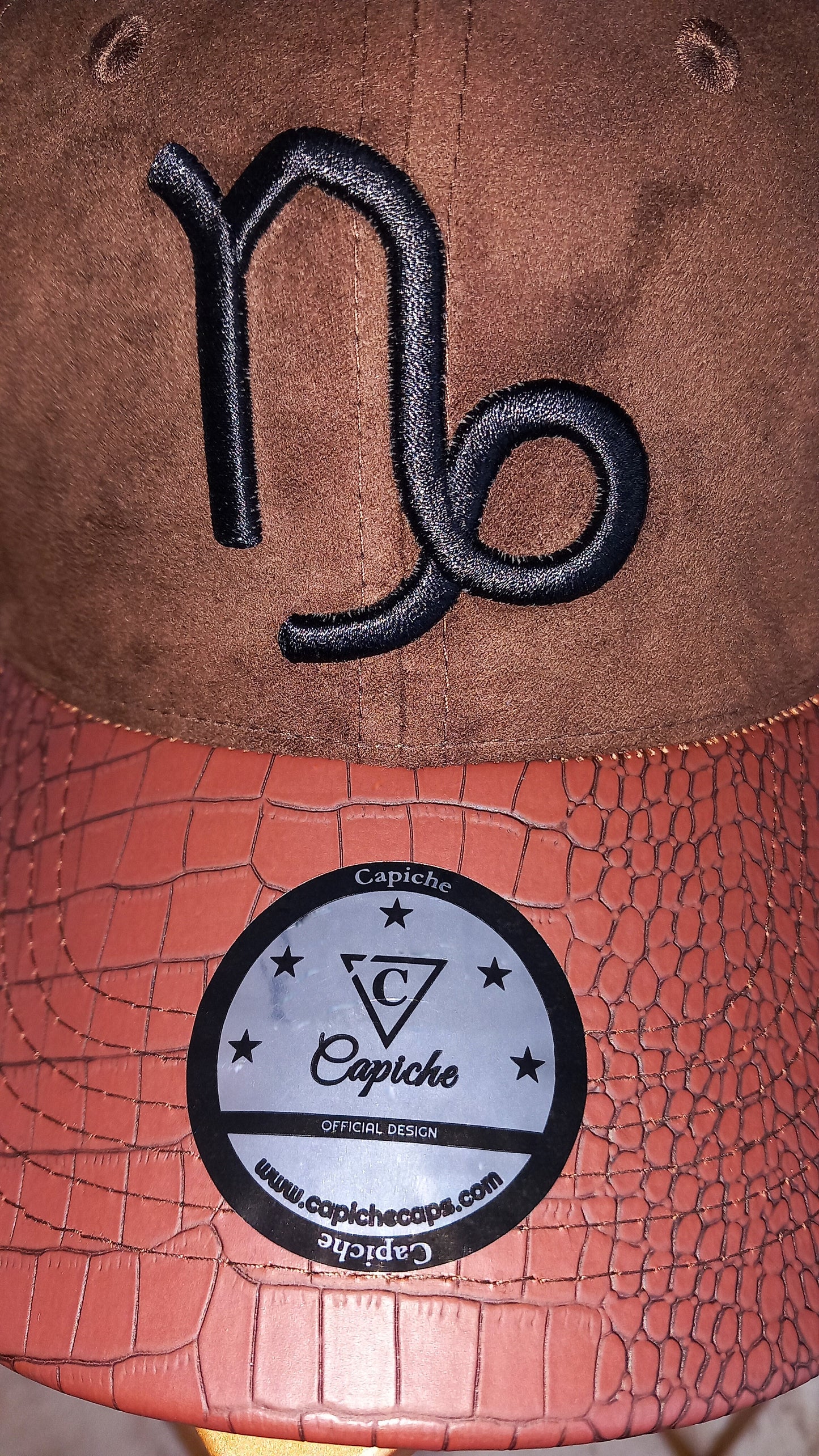 Suede Brown Curved Baseball Cap with Artificial Leather Zodiac Sign Capricorn