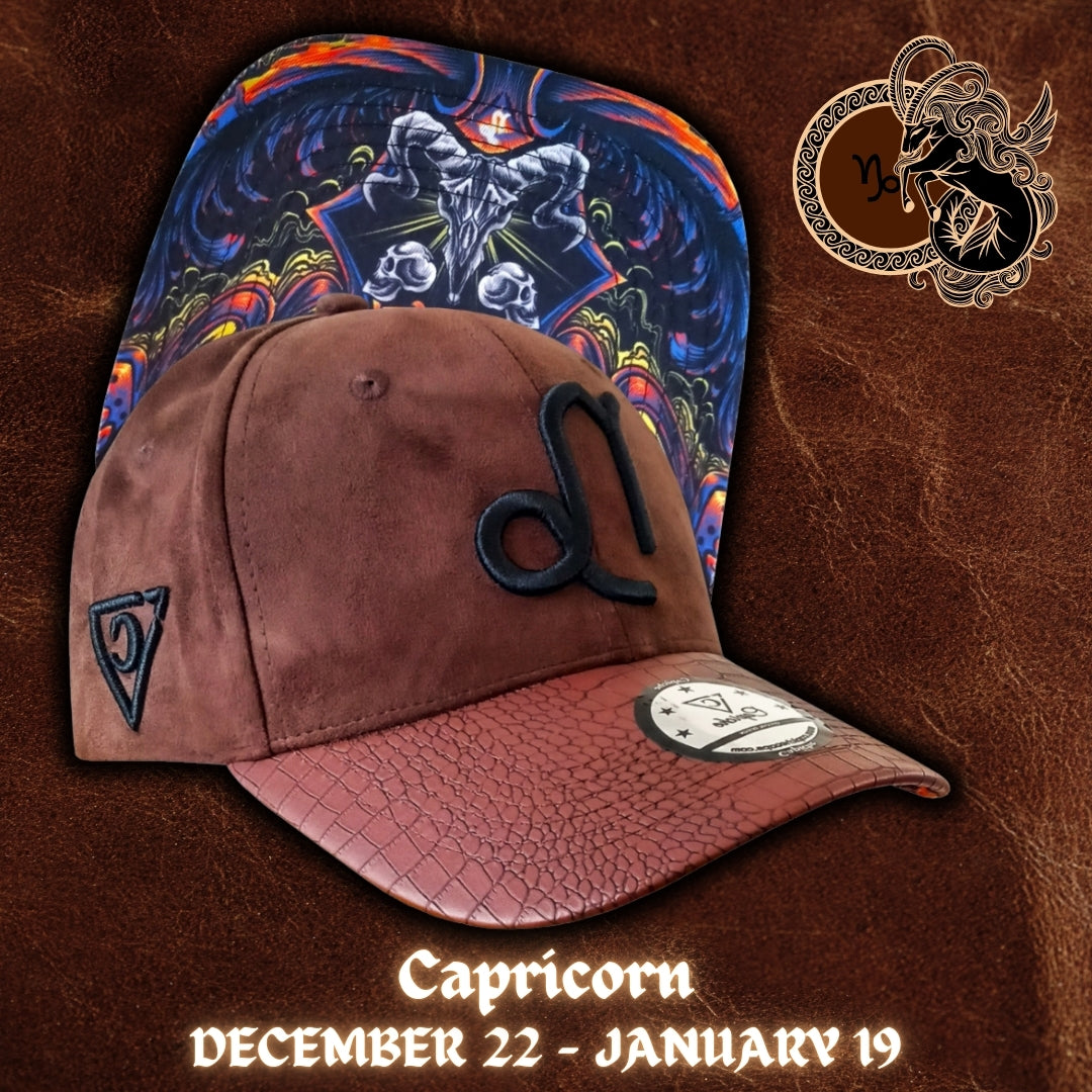 Suede Brown Curved Baseball Cap with Artificial Leather Zodiac Sign Capricorn