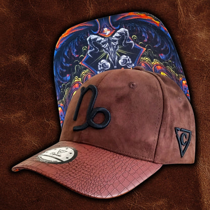 Suede Brown Curved Baseball Cap with Artificial Leather Zodiac Sign Capricorn