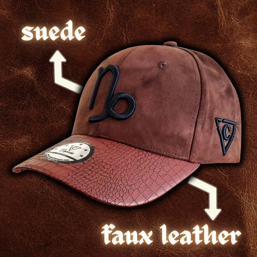 Suede Brown Curved Baseball Cap with Artificial Leather Zodiac Sign Capricorn