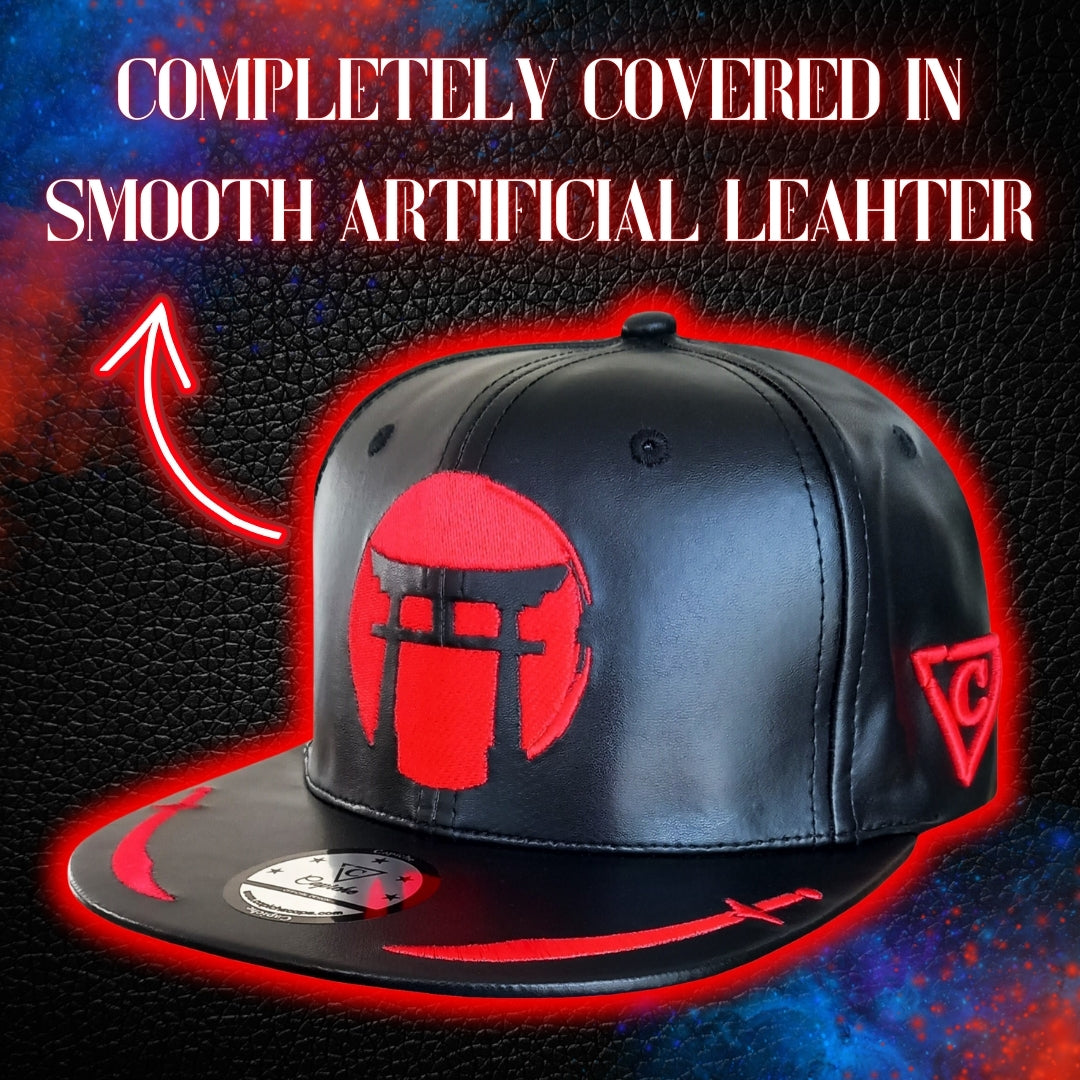 Tiger Samurai Snapback - Black Artificial Leather & Red Brim Embroidery