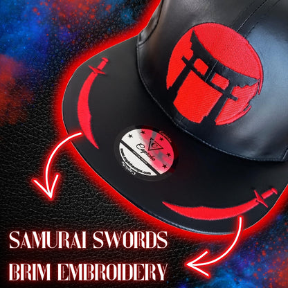 Tiger Samurai Snapback - Black Artificial Leather & Red Brim Embroidery