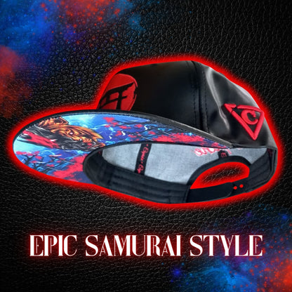 Tiger Samurai Snapback - Black Artificial Leather & Red Brim Embroidery