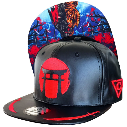 Tiger Samurai Snapback - Black Artificial Leather & Red Brim Embroidery