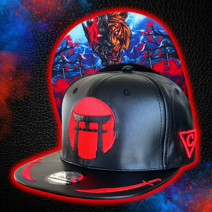 Tiger Samurai Snapback - Black Artificial Leather & Red Brim Embroidery