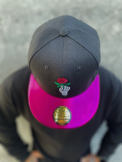 Limited Edition Valentine 2025 Black Snapback Hat with Pink Crackling Metallic Brim from Capiche Caps