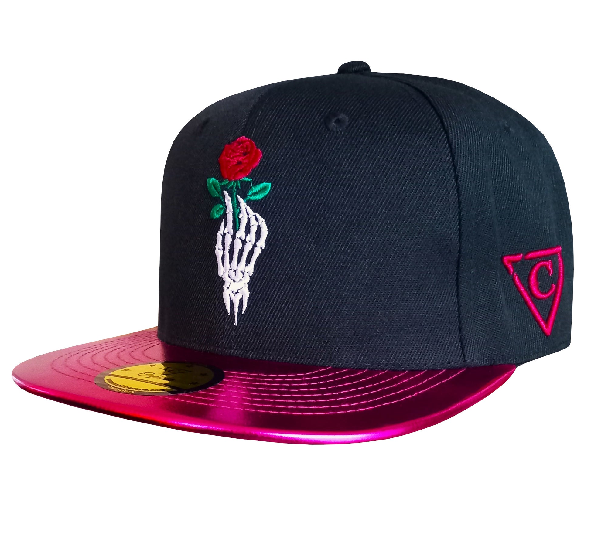 Front View of the Limited Edition Valentine 2025 Black Snapback Hat with Pink Crackling Metallic Brim from Capiche Caps