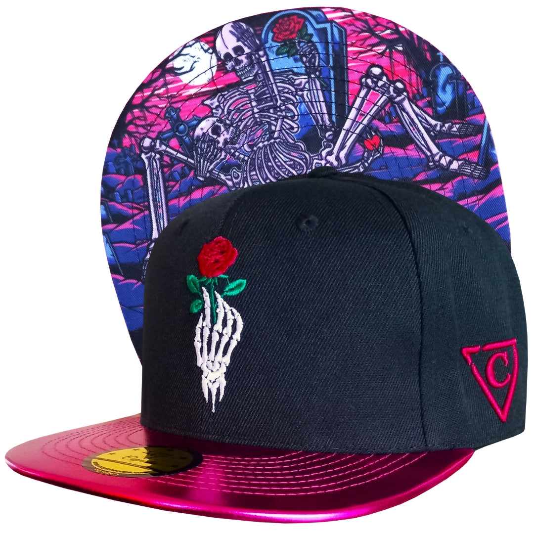 Limited Edition Valentine 2025 Black Snapback Hat with Pink Crackling Metallic Brim from Capiche Caps