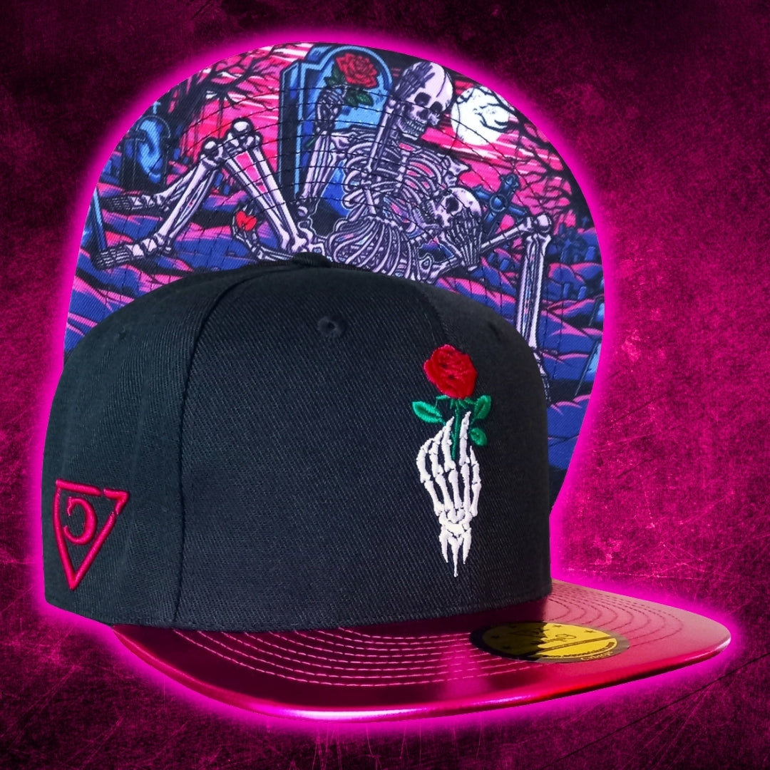 Front View of Limited Edition Valentine 2025 Black Snapback Hat with Pink Crackling Metallic Brim from Capiche Caps