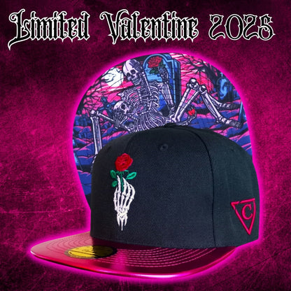 Limited Edition Valentine 2025 Black Snapback Hat with Pink Crackling Metallic Brim from Capiche Caps