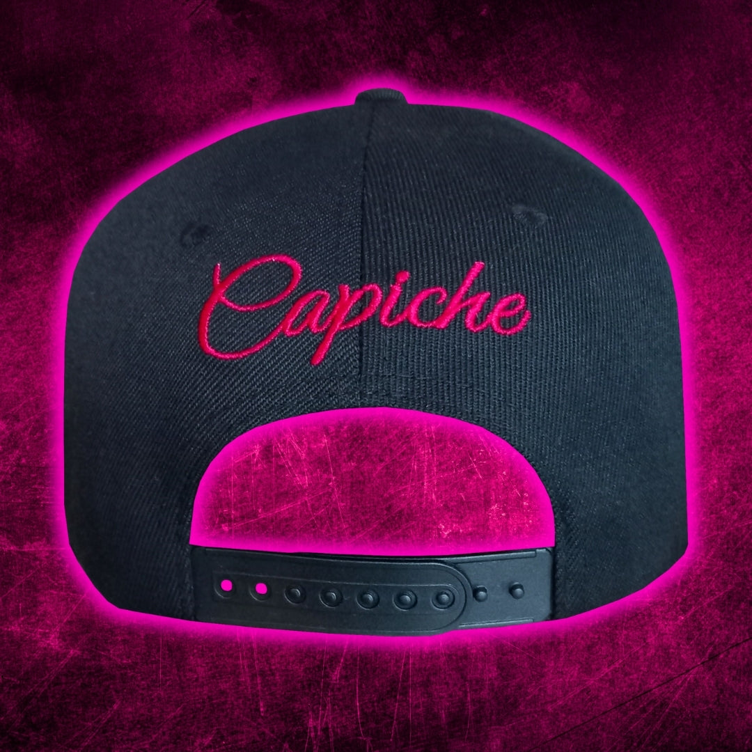 Back View of Limited Edition Valentine Black Snapback Cap with Pink Crackling Metallic Brim from Capiche Caps