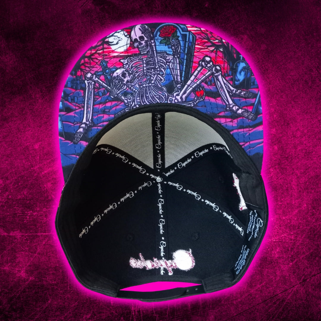 Bottom View of the Limited Edition Valentine 2025 Black Snapback Hat with Pink Crackling Metallic Brim from Capiche Caps