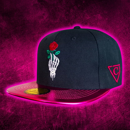 Limited Edition Valentine 2025 Black Snapback Hat with Pink Crackling Metallic Brim from Capiche Caps