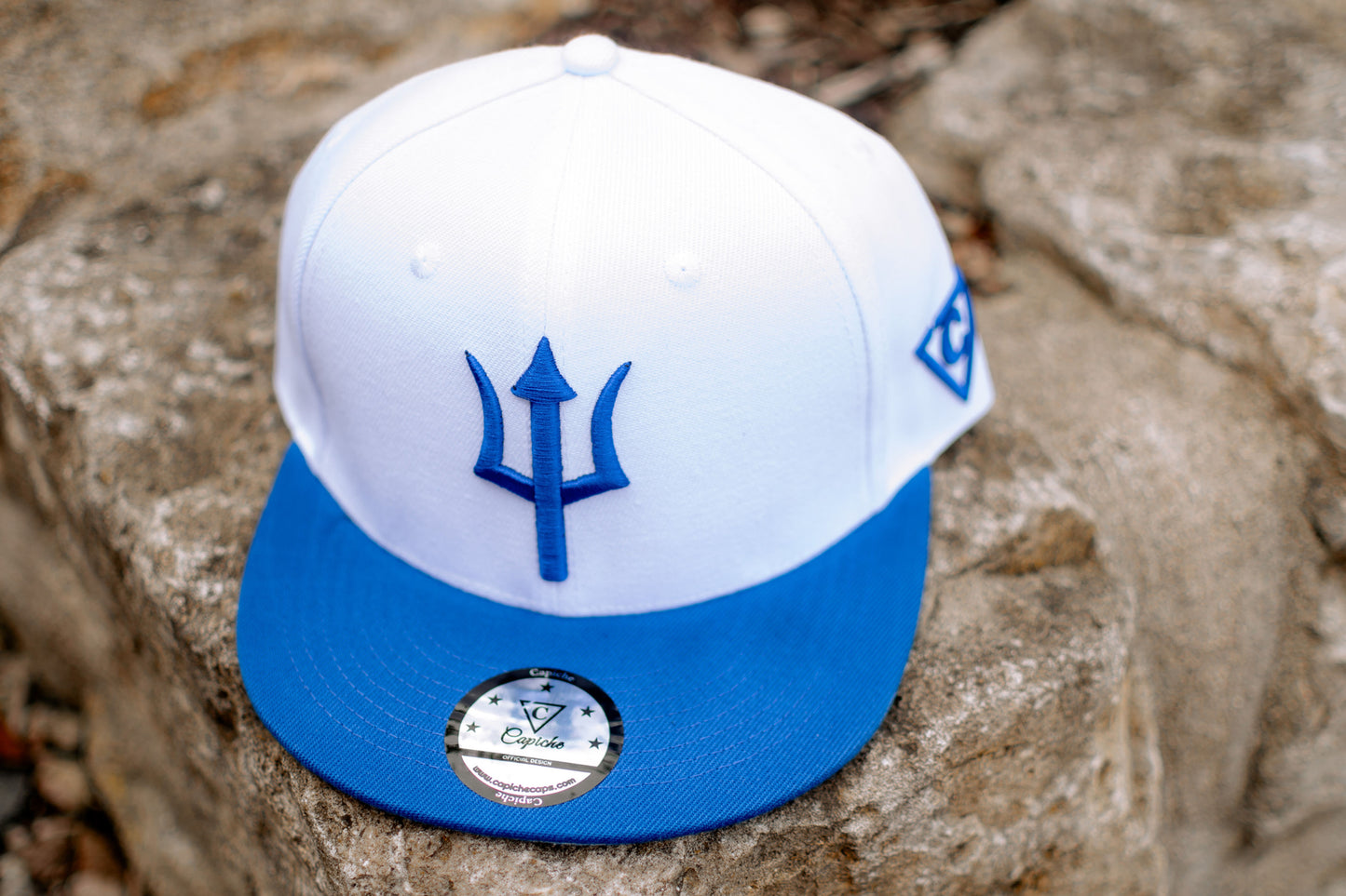 White Snapback Hat With Blue Brim Cycnus Greek Mythology From Capiche Caps (1).jpg