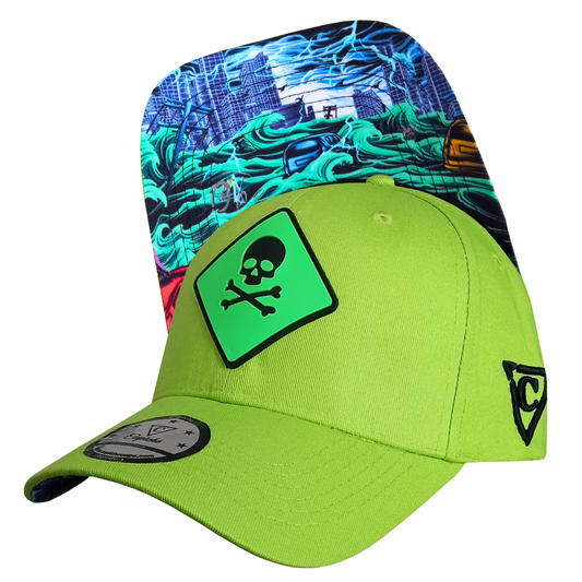 Toxic Tsunami Neon Green Curved Baseball Cap With Neon Green Skull Rubber Front Logo (1).p