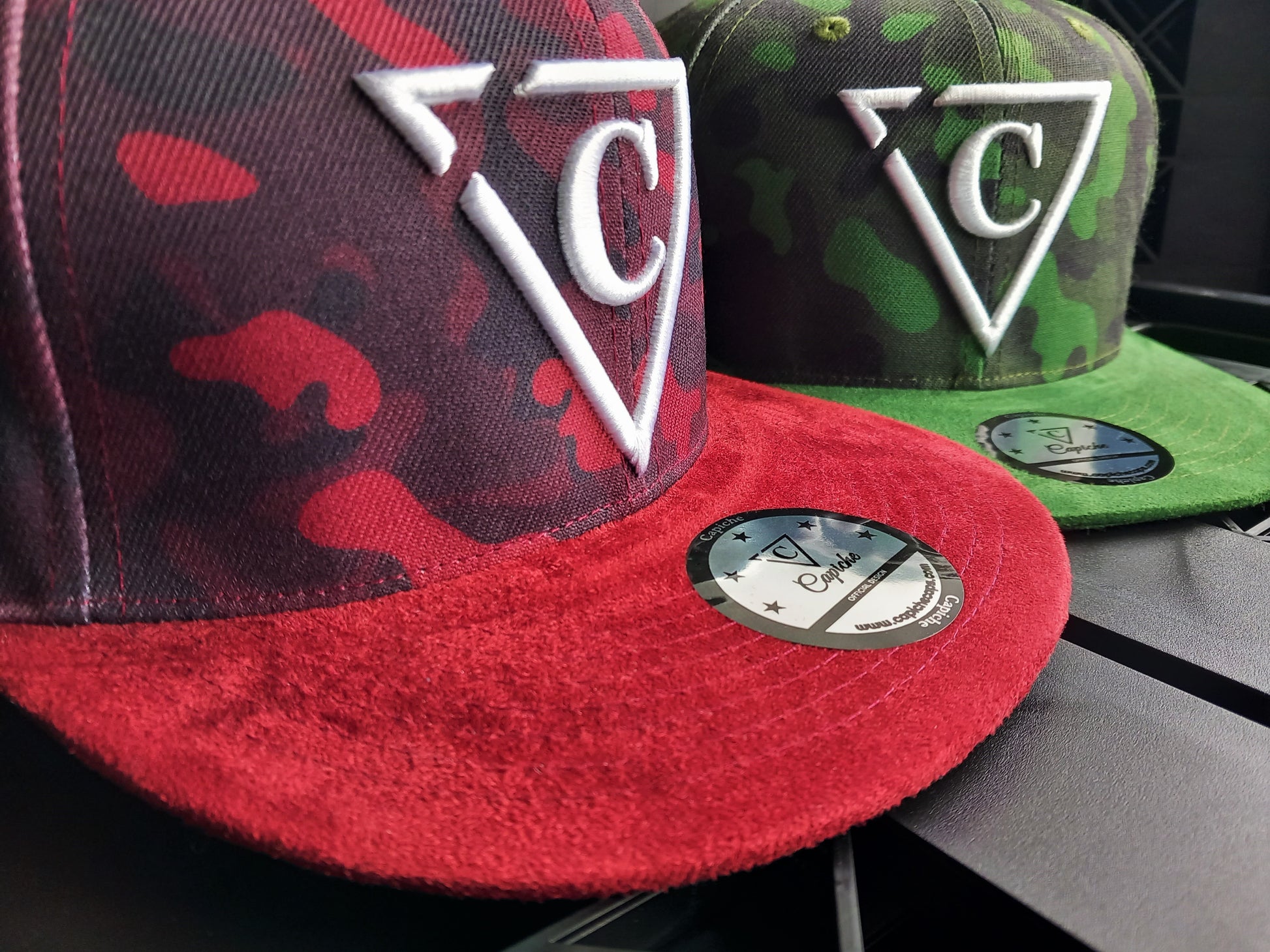 Green Camo Snapback - Suede Brim - Capiche Caps Suede