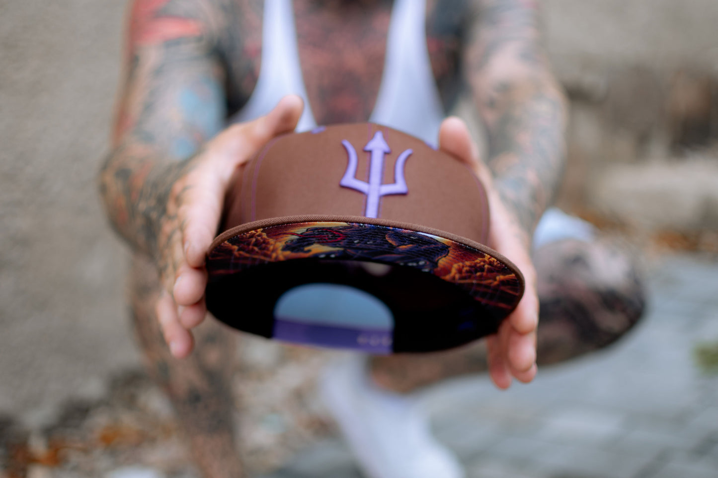 Brown Snapback Baseball Cap Argus Ancient Greek Mythology Purple Triden Logo from Capiche 