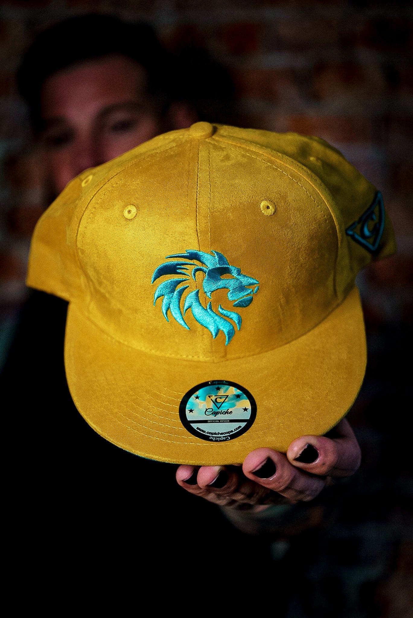 Fighting Lions Snapback - Yellow Suede - Capiche Caps Suede