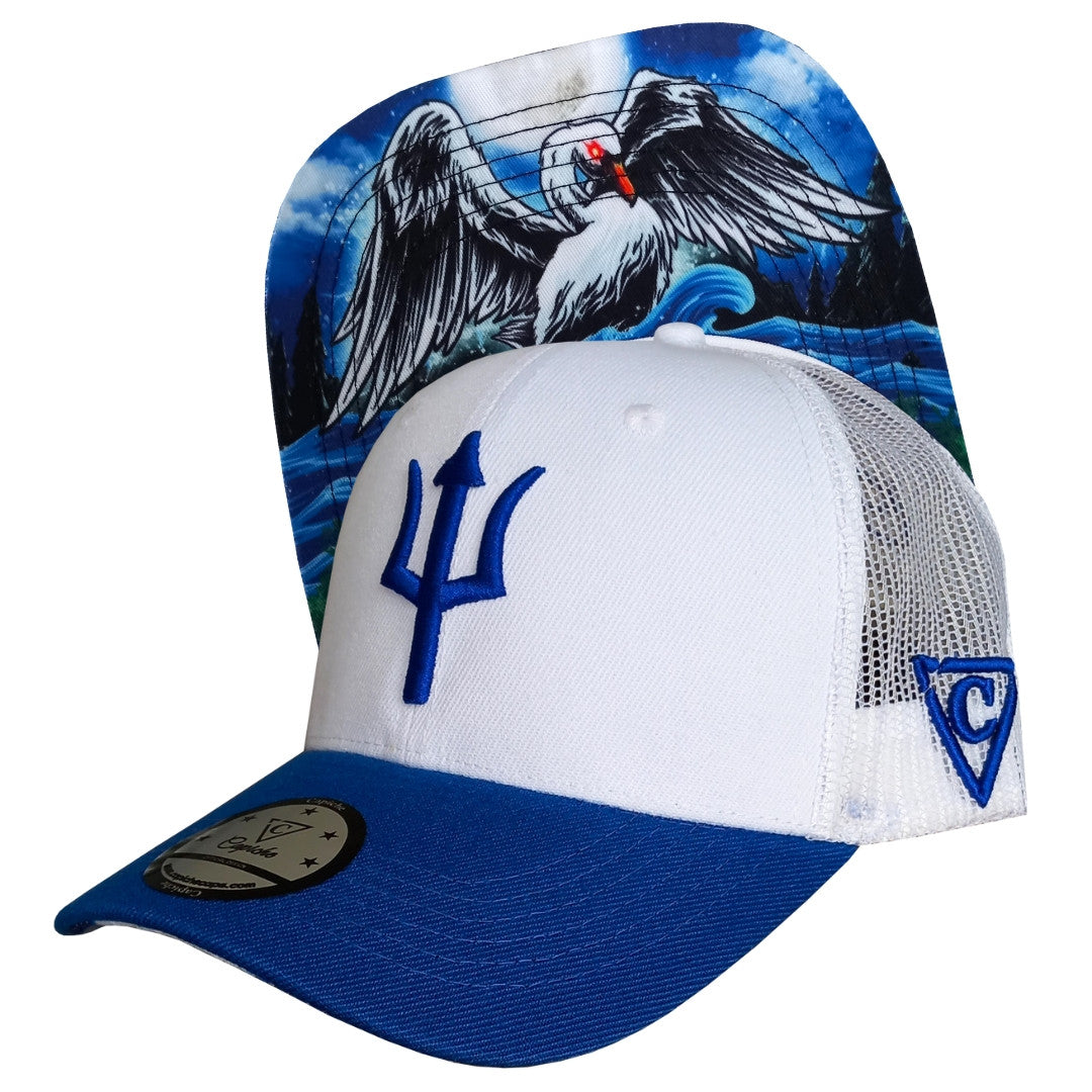 White Trucker Cap With Blue Brim Cycnus Greek Mythology From Capiche Caps (3).jpg