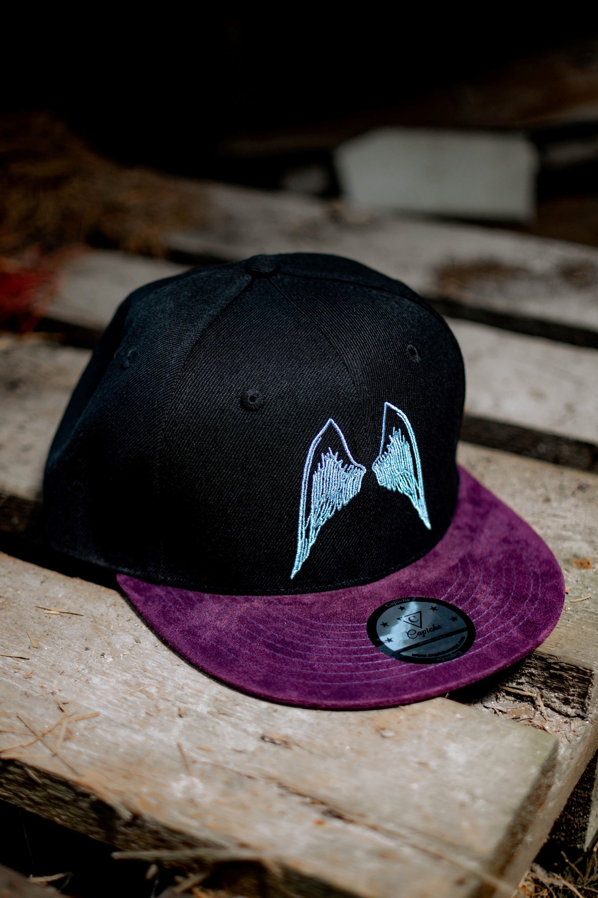 Angels of Death Snapback - Black/Purple Suede - Capiche Caps Purple