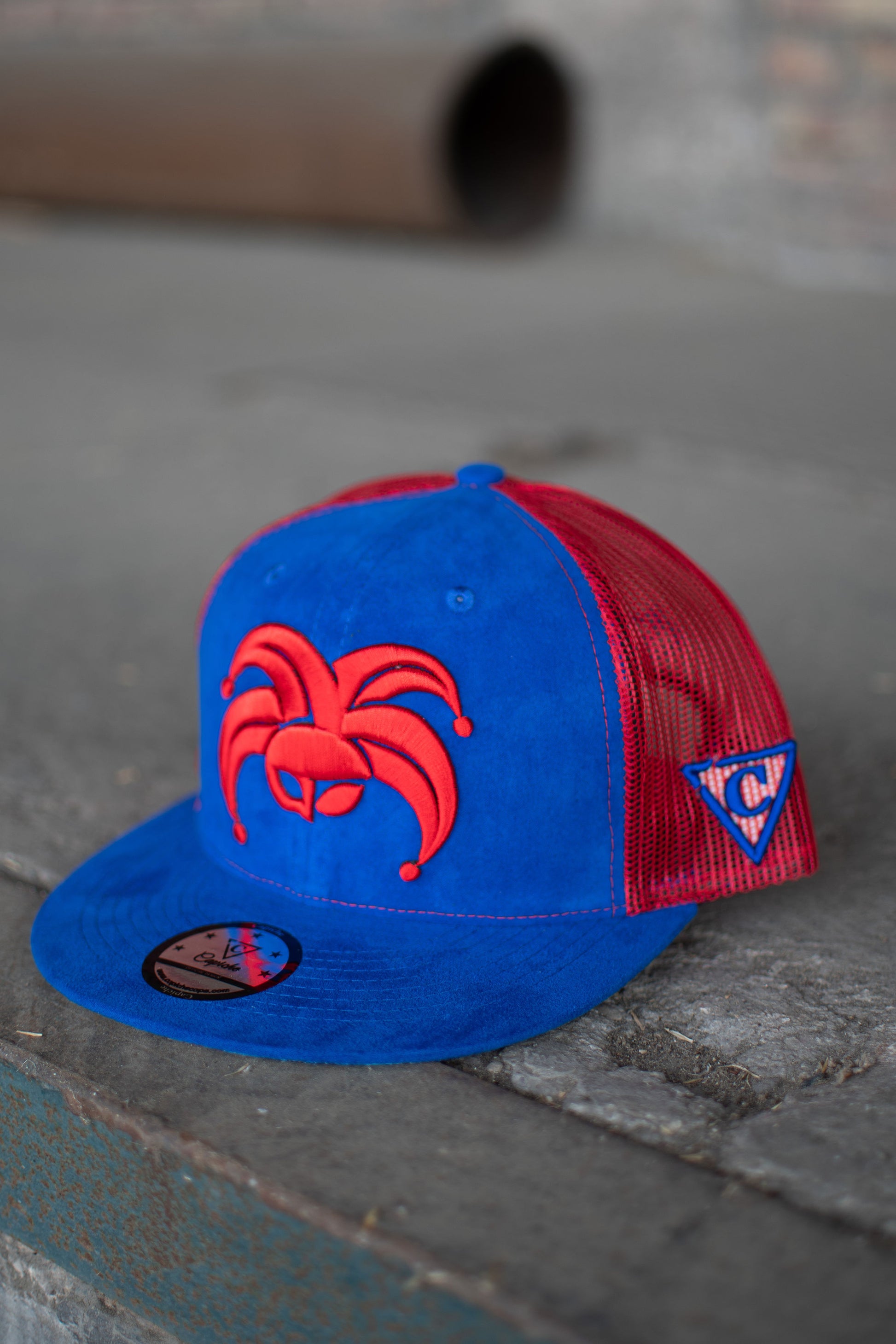 Wild Ride Trucker Snapback - Blue Suede/Red Mesh - Capiche Caps Clown