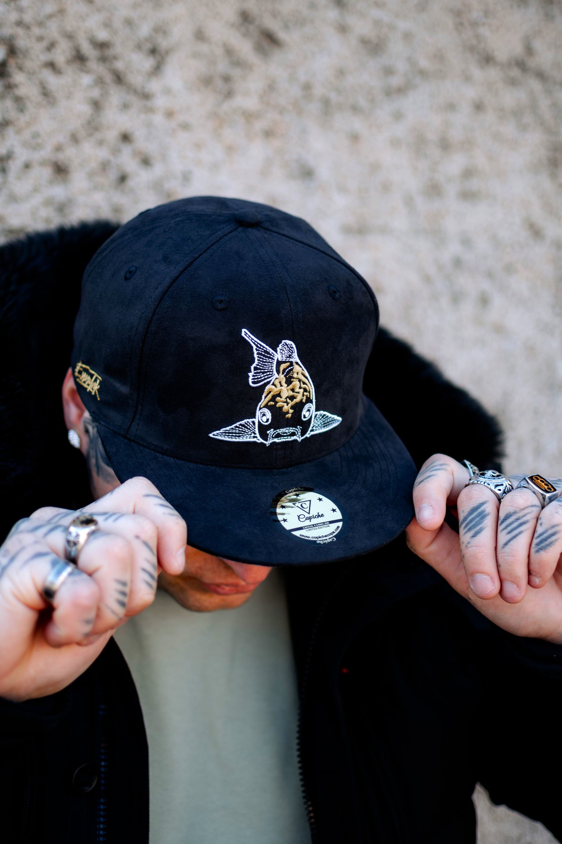 Enno_Ink x Capiche Collab Snapback Black Suede - The Koi 2.0 - Capiche Caps Black