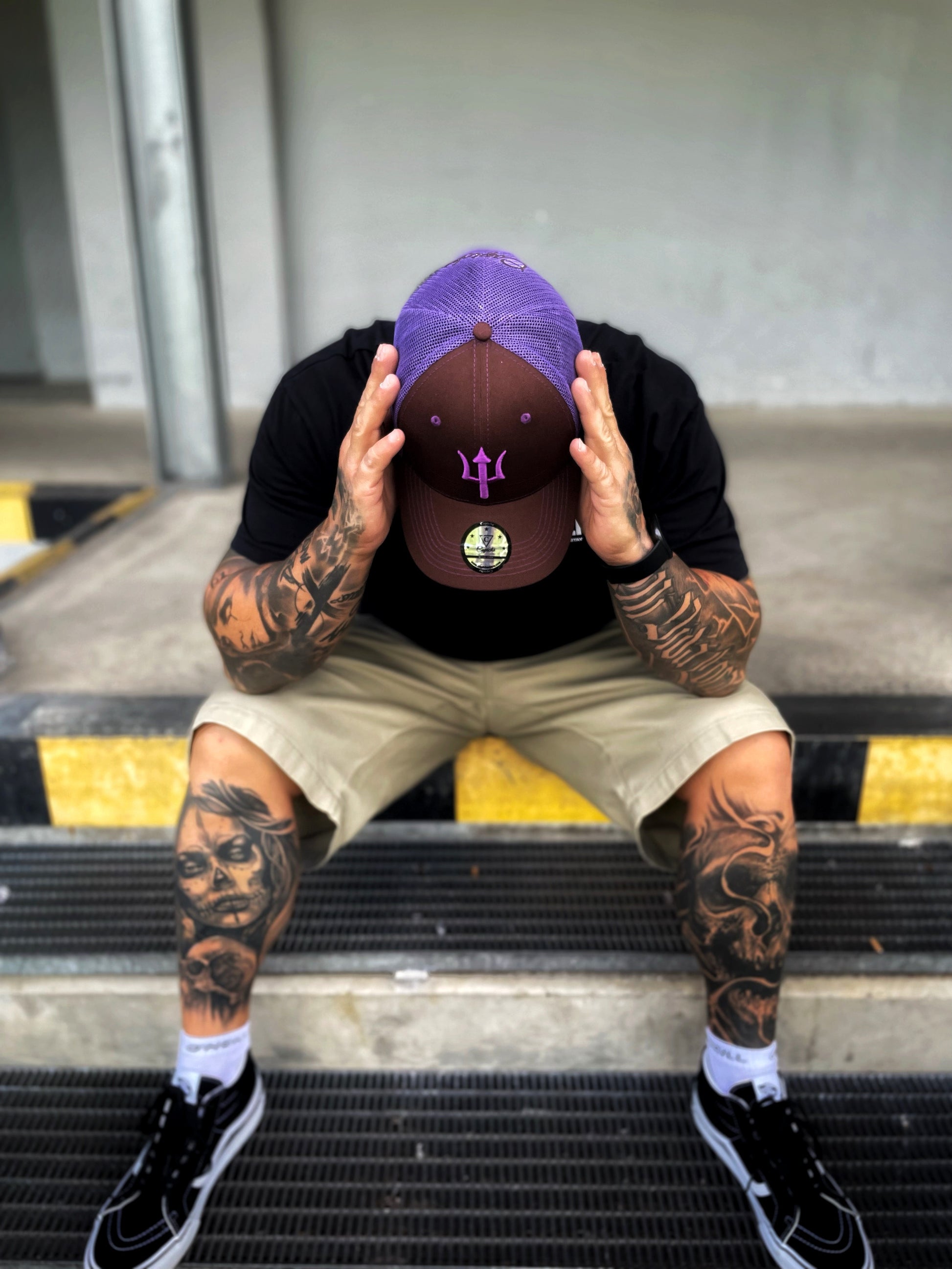 Brown Trucker Cap Argus with Purple Trident Logo Purple Mesh from Capiche Caps (2).JPG