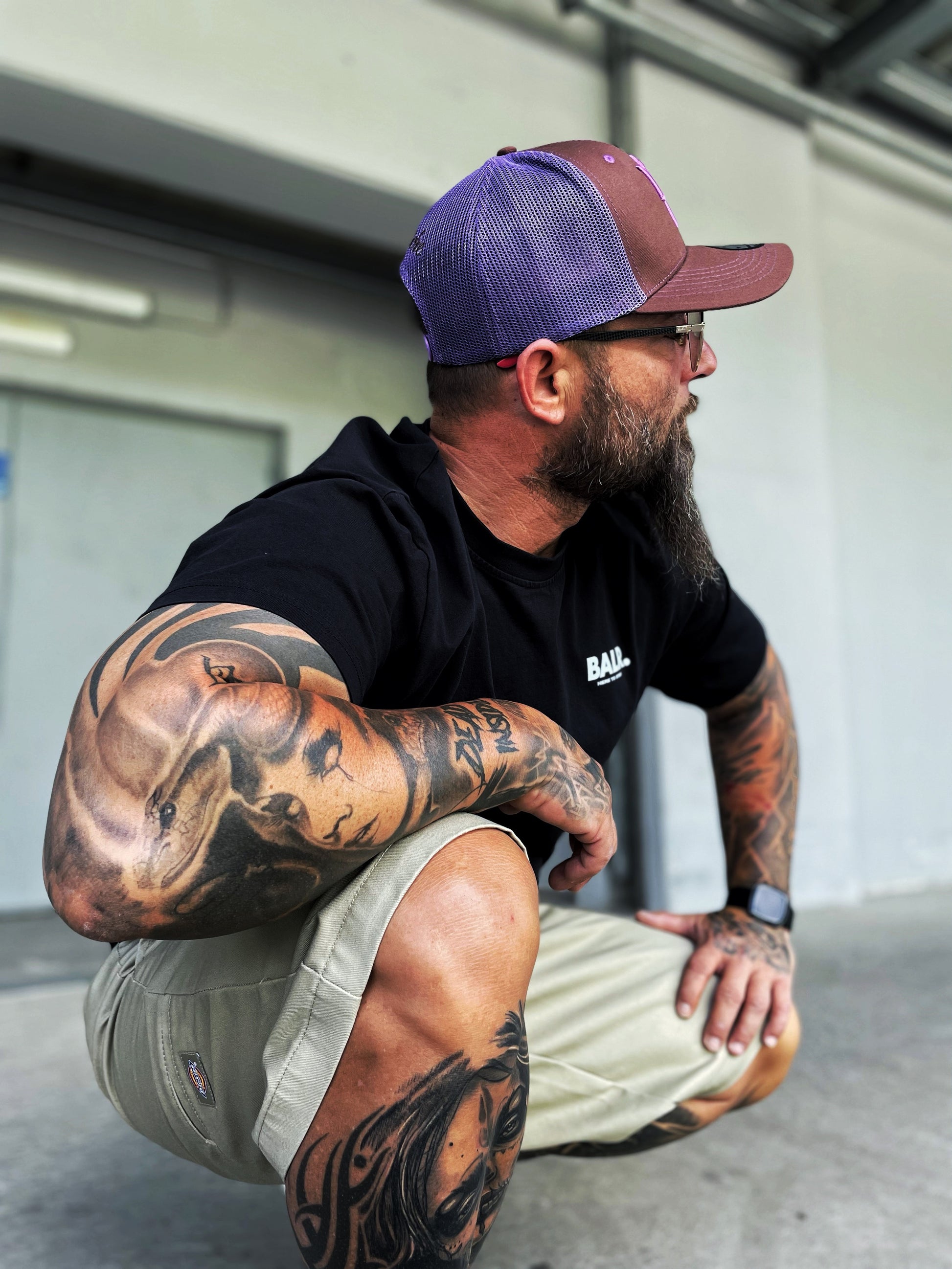 Brown Trucker Cap Argus with Purple Trident Logo Purple Mesh from Capiche Caps (3).JPG