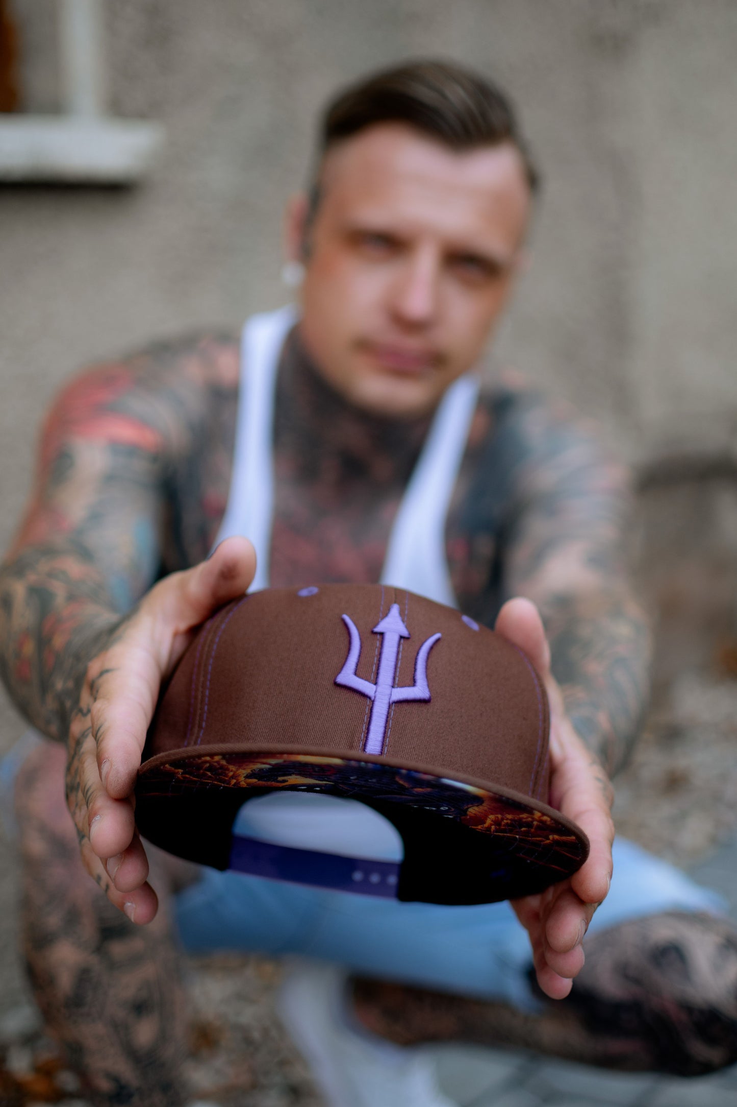 Brown Snapback Baseball Cap Argus Ancient Greek Mythology Purple Triden Logo from Capiche 