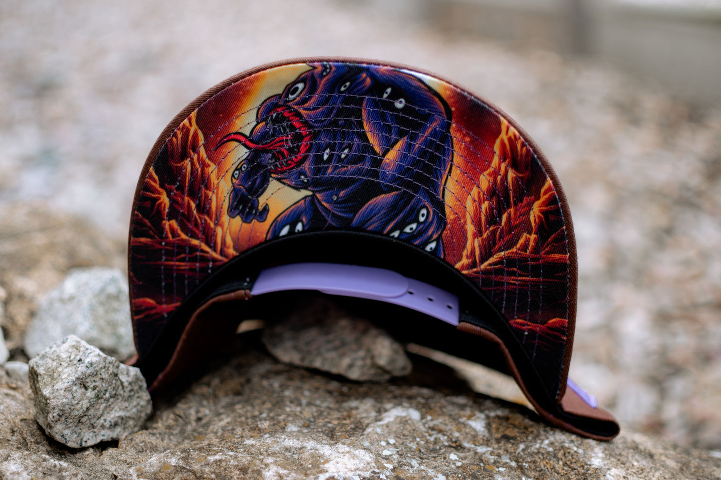 Brown Snapback Baseball Cap Argus Ancient Greek Mythology Purple Triden Logo from Capiche 