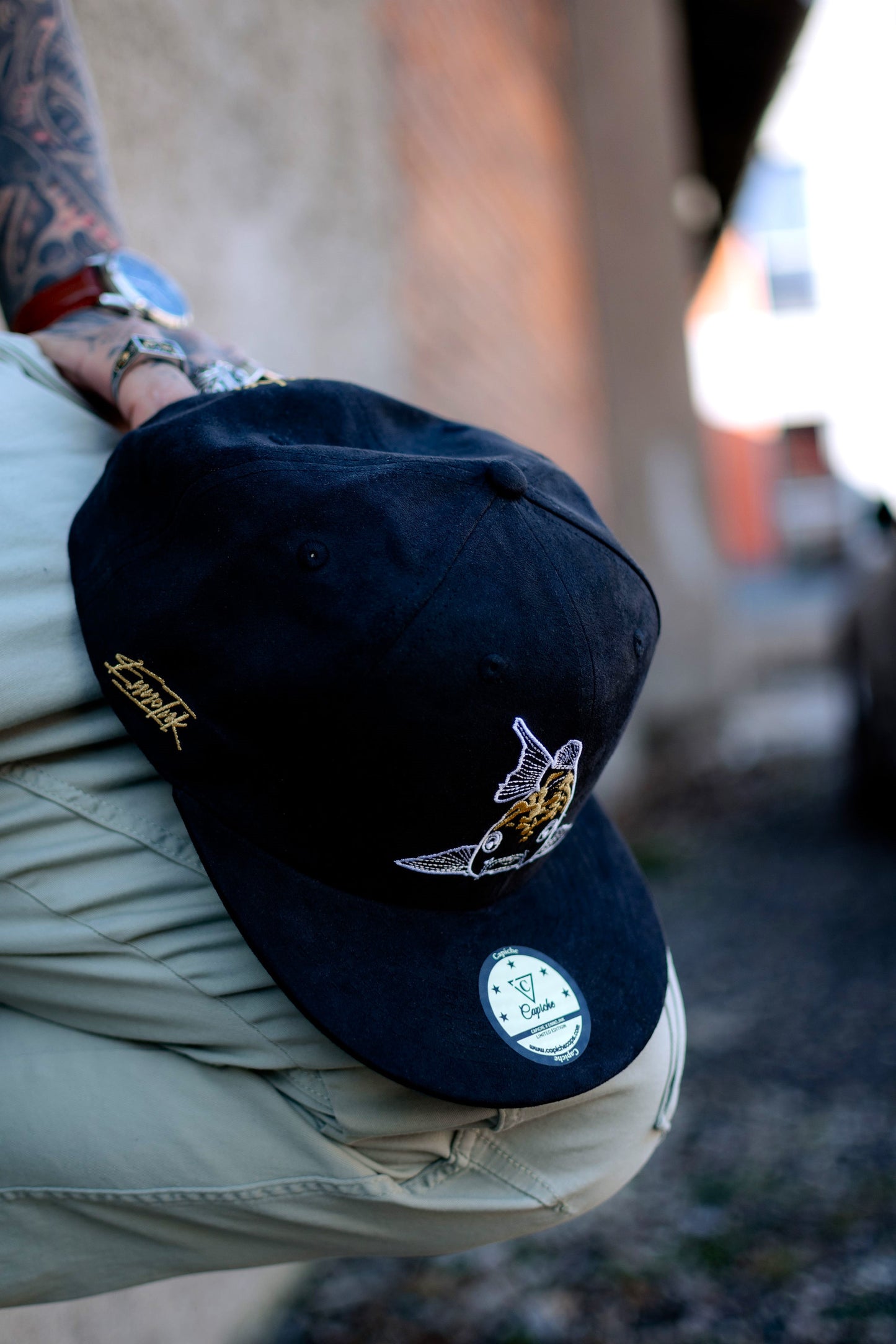 Enno_Ink x Capiche Collab Snapback Black Suede - The Koi 2.0 - Capiche Caps Black